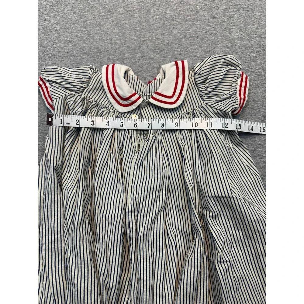 Vintage 1980s Girls Sailor Dress Smocked Nautical Striped Handmade Approx 4T